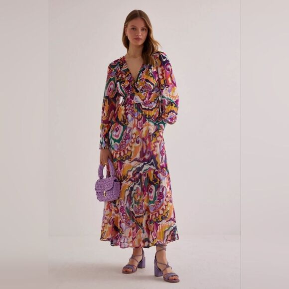 Anthropologie Dresses & Skirts - Anthropologie Odetta Ruffle V-Neck Long Sleeve Midi Dress Size Extra Large NWT